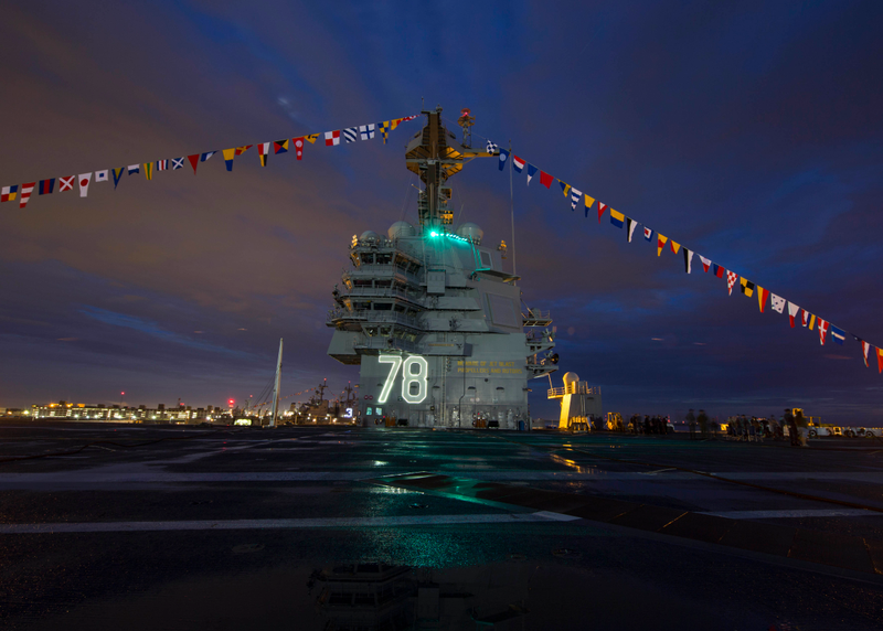 The resigned island of USS Gerald R Ford as the carrier awaits commissioning. US Navy Photo